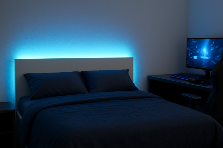 Fita LED adesiva para cabeceira de cama gamer em quarto pequeno