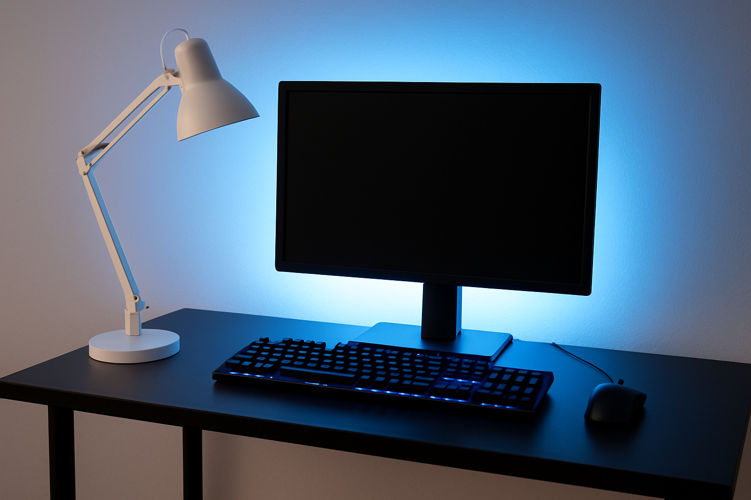 Iluminação backlight suave para monitor em mesa gamer estreita