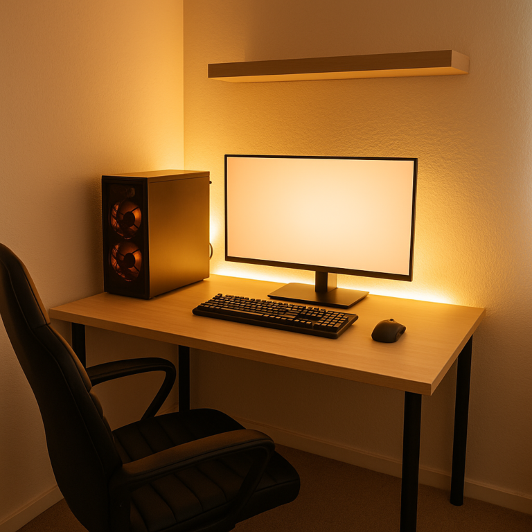 Iluminação warm white para quarto gamer pequeno com parede clara