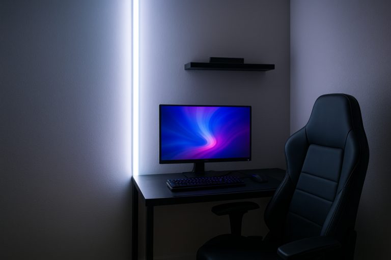 LED difuso vertical para criar ambiente gamer em quarto estreito
