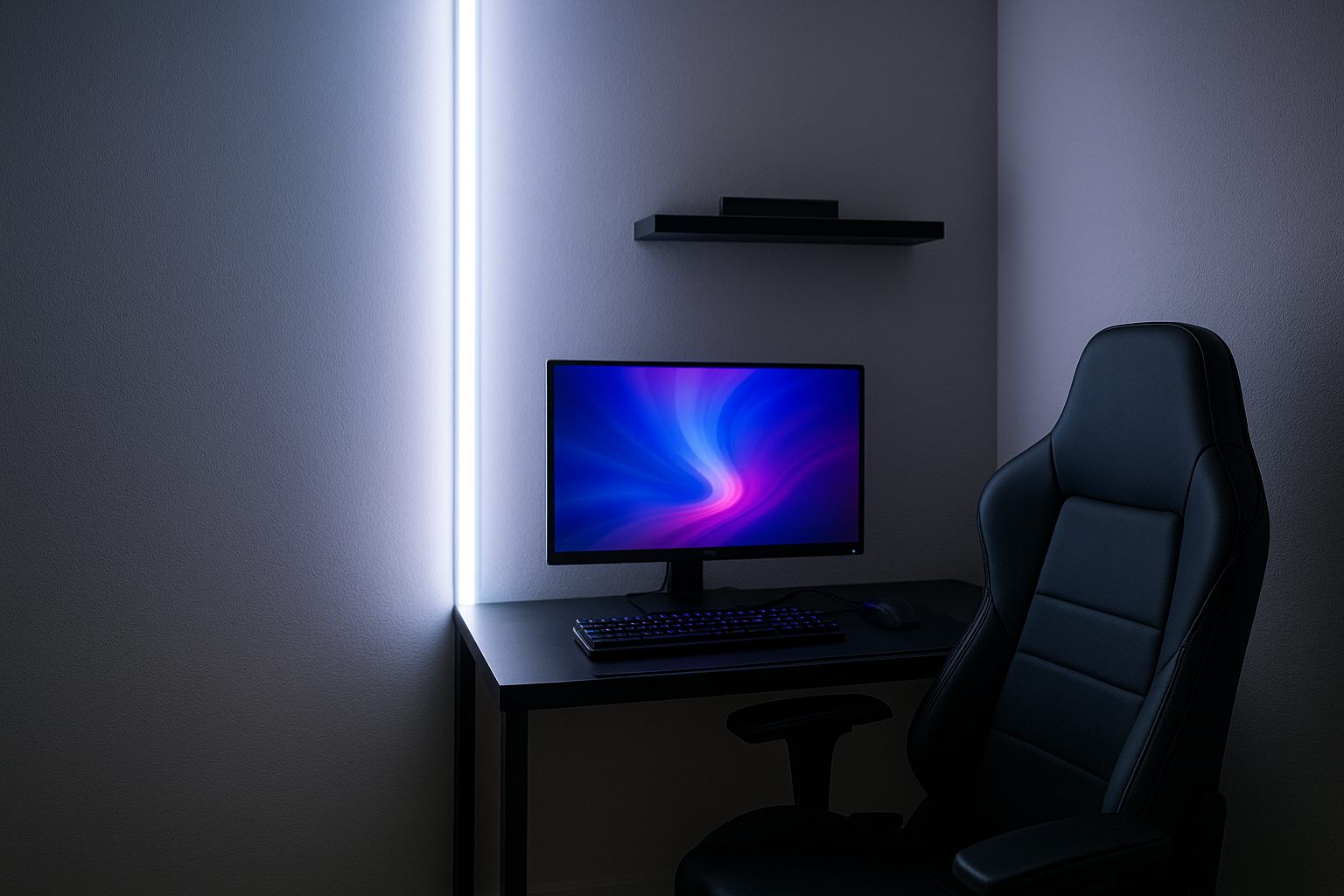 LED difuso vertical para criar ambiente gamer em quarto estreito