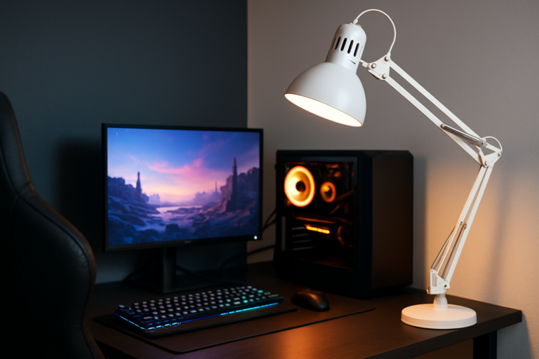 Luminária de mesa articulada branca para setup gamer em canto pequeno