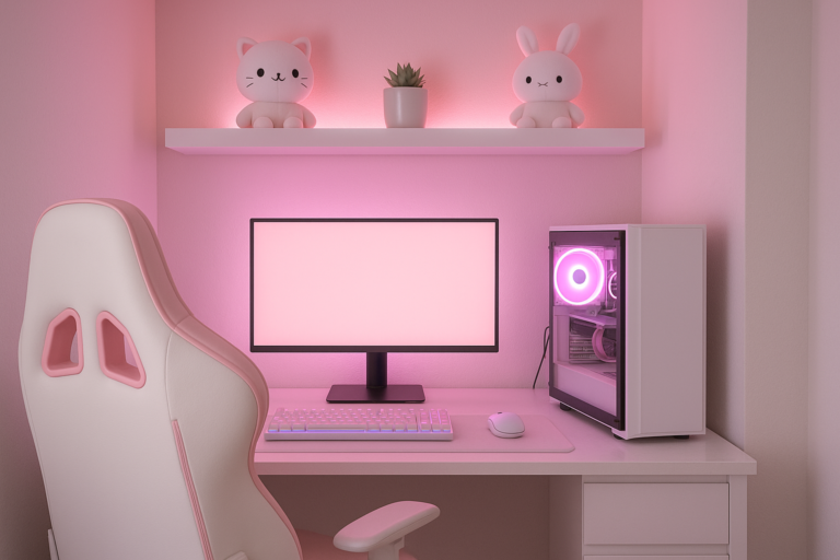 Luz ambiente rosa pastel para setup gamer feminino em nicho pequeno