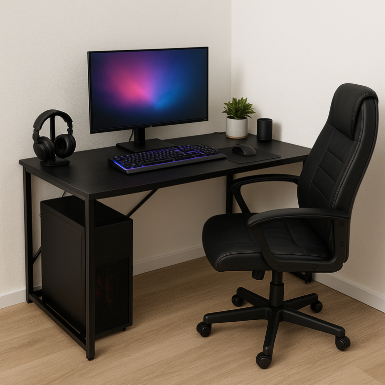 Mesa de canto compacta para setup gamer em estúdio pequeno