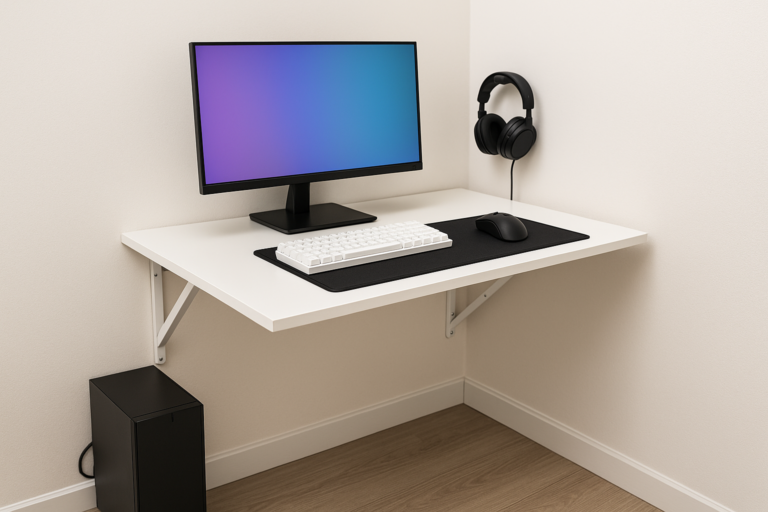 Mesa retrátil branca para setup gamer em quarto estreito alugado