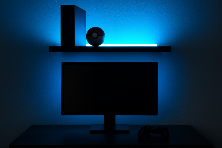Neon flex azul para decorar prateleira gamer acima do monitor pequeno.