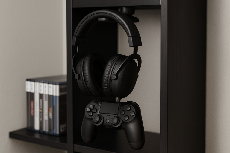 Suporte giratório para fone e controle em estante gamer estreita