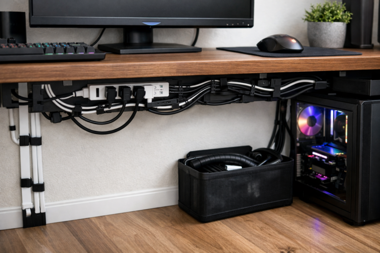 Organização inteligente de cabos em setups gamer pequenos